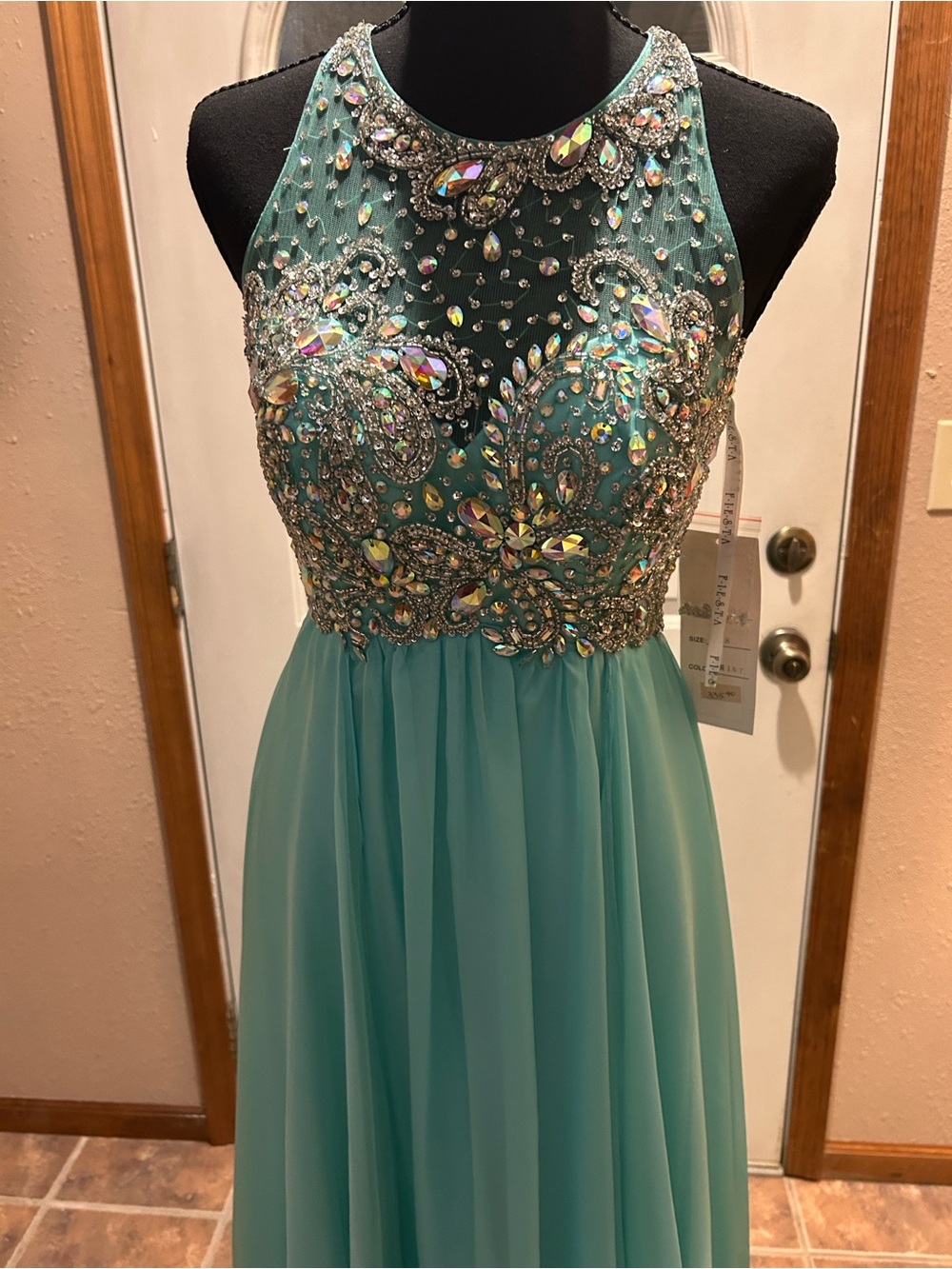 Fiesta Teal Prom Dress with Iridescent Crystal Embellishments